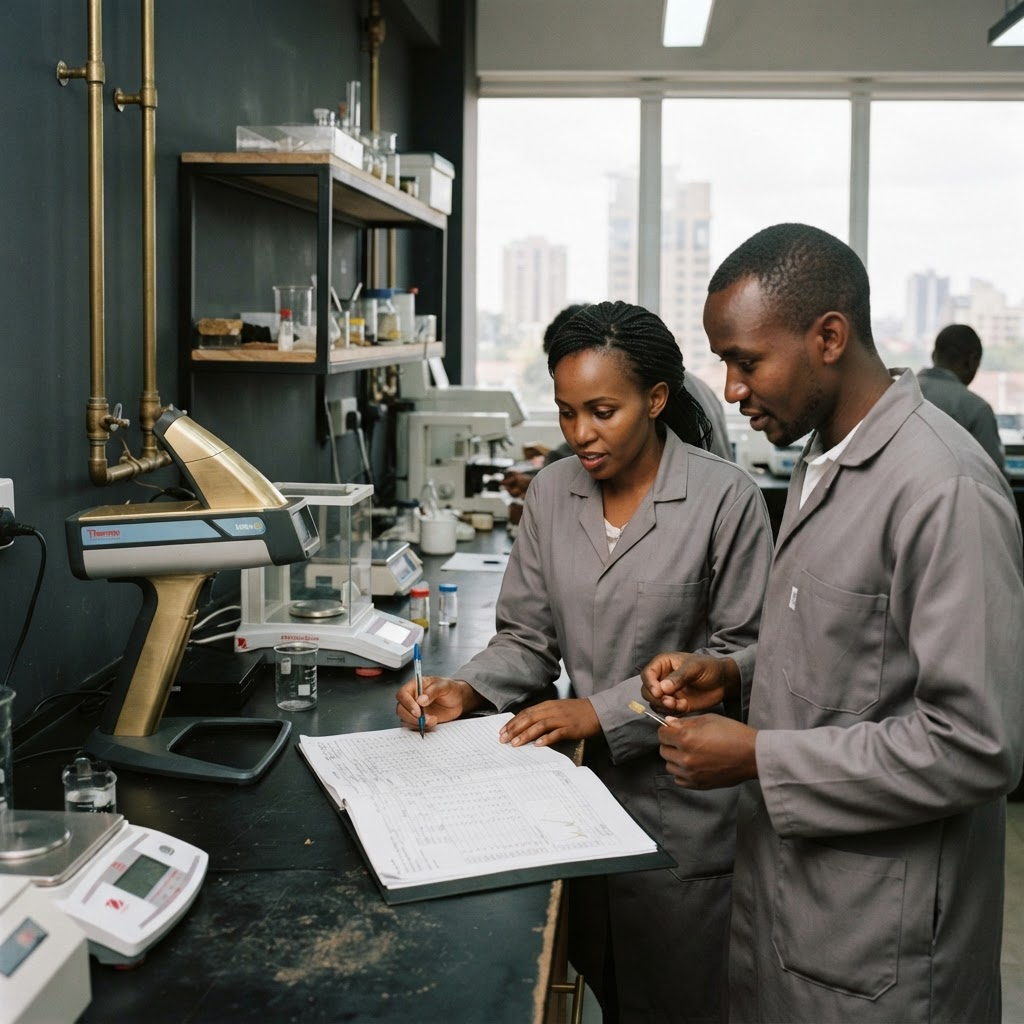 African laboratory scientist reviewing gold samples in a Nairobi assay laboratory