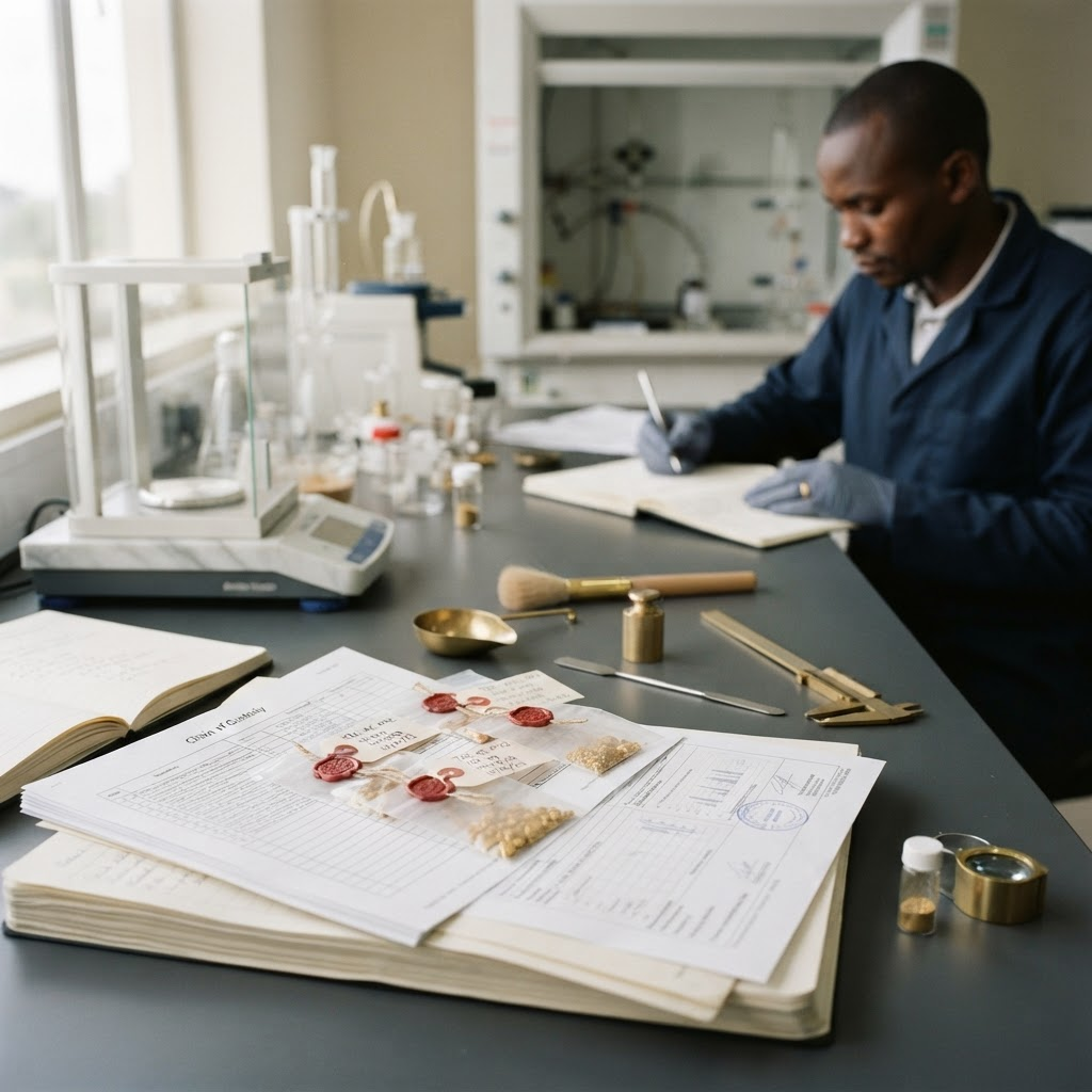 Sealed gold samples and traceability paperwork prepared for review